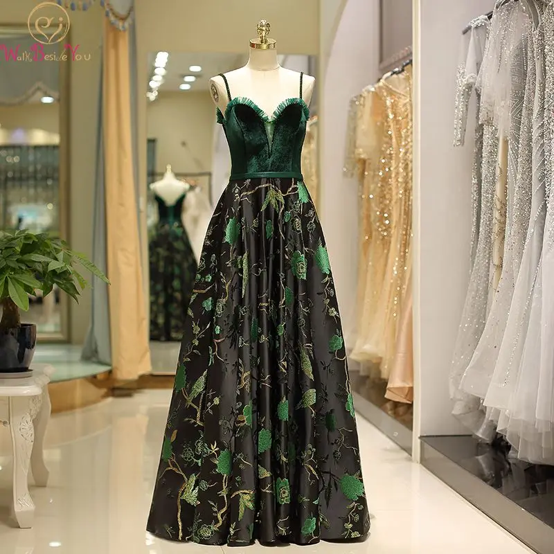 

Elegant Velour Sweetheart Evening Dress Crystal Spaghetti Strap Women Green Vintage Floral Print Sleeveless A Line Lace Up Gowns