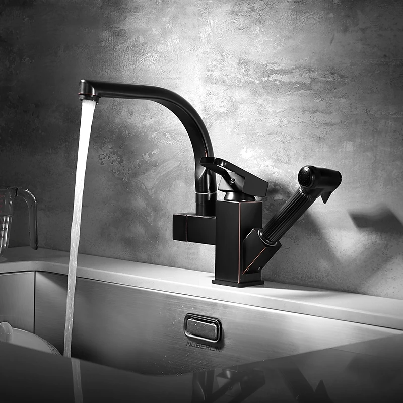 

Modern Kitchen Faucet Dual Spouts Pull Out Sink Faucet With Sprayer Gun 360 Swivel Kitchen Hot and Cold Water Mixer Tap N22-017