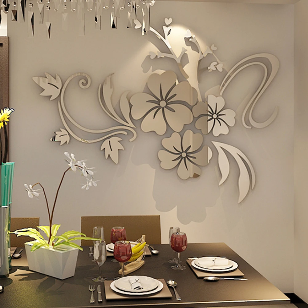 Романтический цветок акриловые настенные наклейки для гостиной декоративные наклейки для зеркала настенные наклейки домашний декор - Цвет: Silver