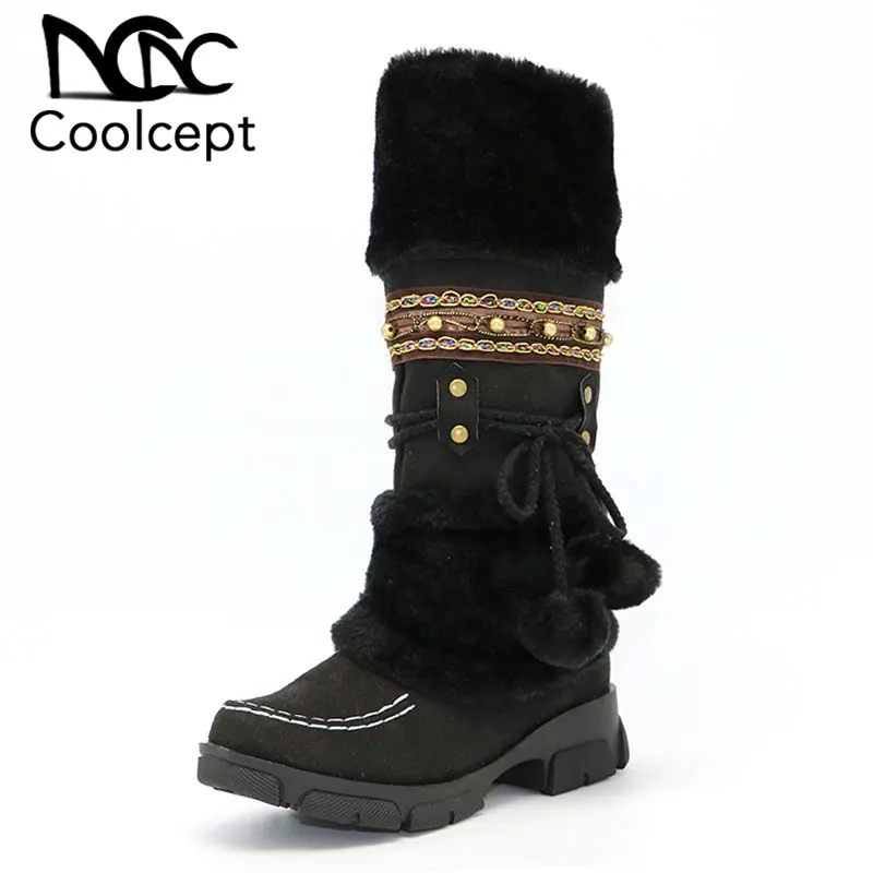 Najtaniej Coolcept moda Bohemia śnieg buty damskie szpilki pluszowe futro wewnątrz ciepłe zimowe buty damskie platformy kolana wysokie Botas Size35 43
