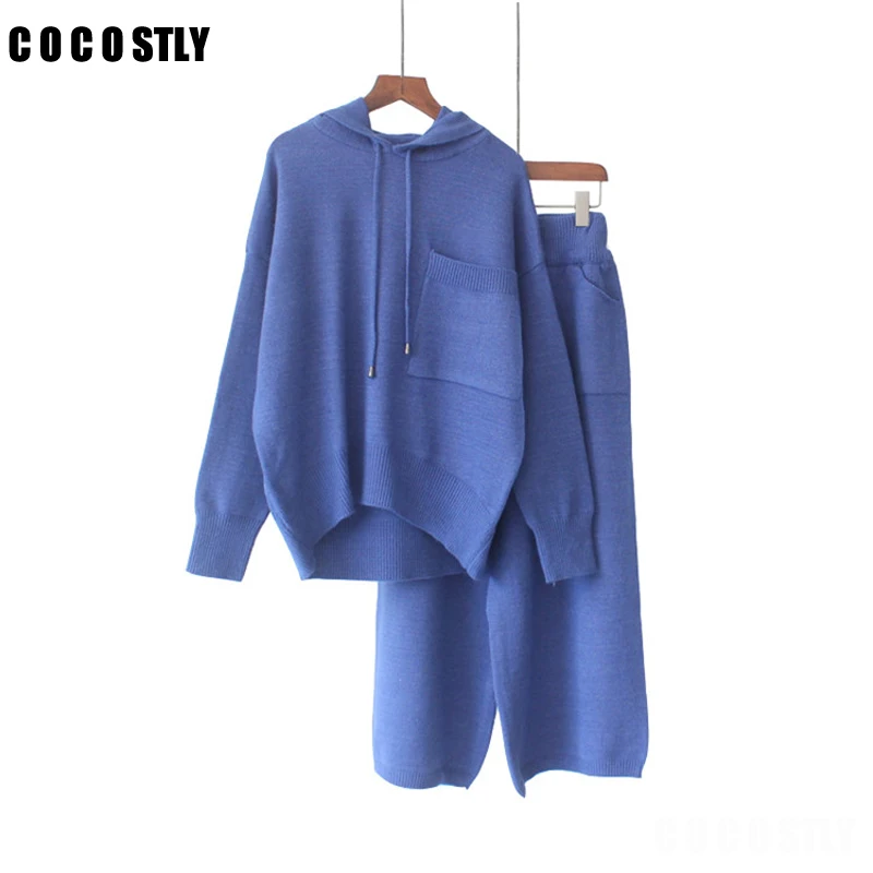 

2 Piece Set Women Casual Hooded Sweaters+Long Pants Sets Knitted Long Sleeve Solid Pullovers Wide Leg Pant Suits for Woman