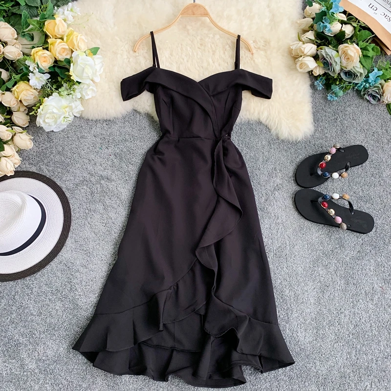 Neploe Solid Chic Women Dress Summer New V-Neck Sleeveless Camis Vestidos Irregular Ruffles Slim Waist Ladies Dresses 44498