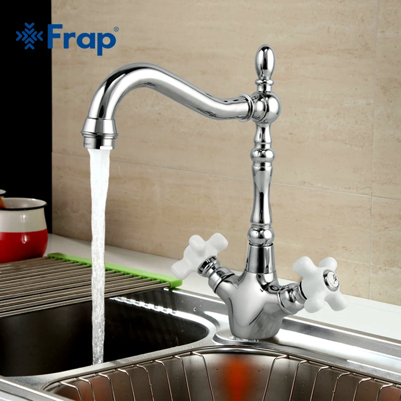 Frap Elegance Style Kitchen Faucet Cold and Hot Water Mixer 360 Degree Swivel Double Ceramic Handles