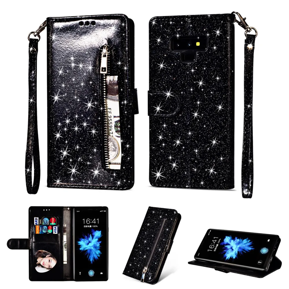 Чехол для телефона для Samsung Galaxy S6 S7 S8 S9 Plus Edge Note 8 9 с IMD Глянцевая искусственная кожа сумка на молнии Флип кошелек