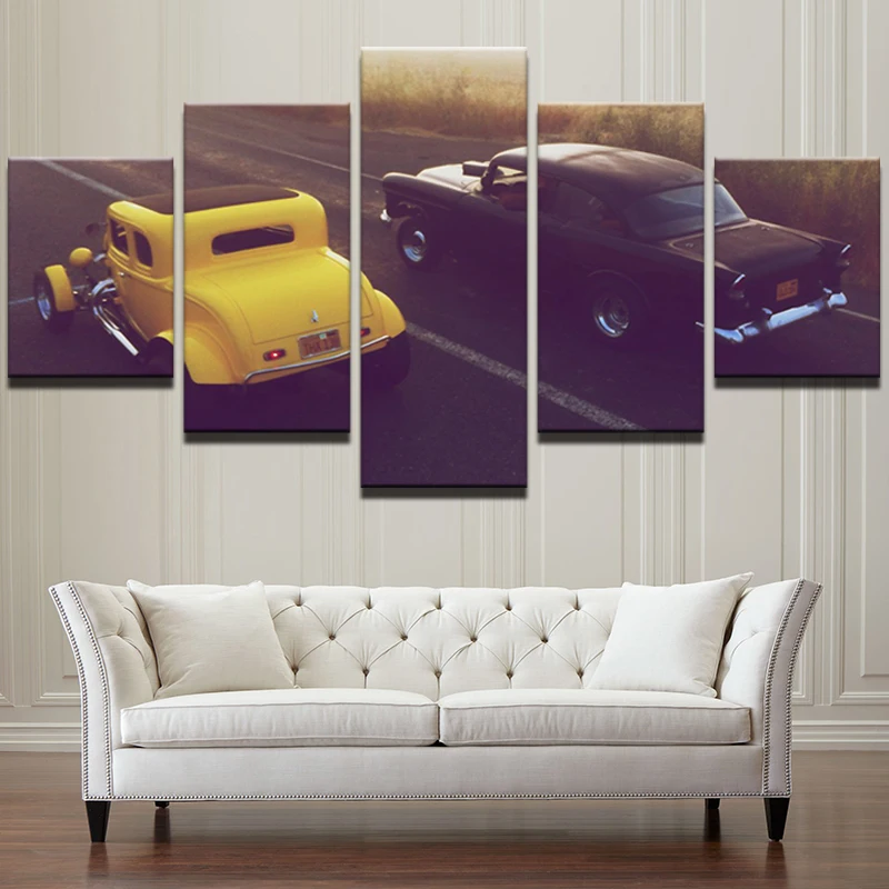 Oil-Canvas-Painting-Picture-Wall-Art-Home-Decoration-5-Panel-Black-And-Yellow-Car-For-Living
