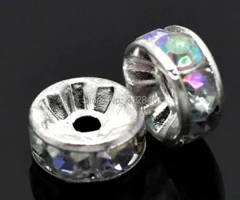 

Free shipping! 8mm Silver Plated With Crystal AB Rhinestone Loose Spacer Beads Finding 500pcs