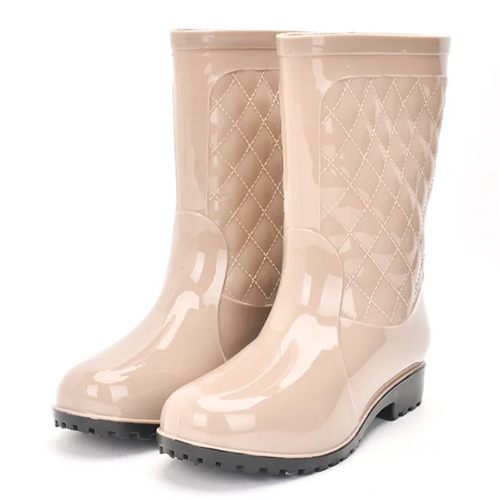 Rouroliu/женские Нескользящие непромокаемые сапоги из ПВХ, непромокаемая обувь, женские резиновые сапоги до середины икры, зимние теплые сапоги с вставками, RT171 - Цвет: Khaki