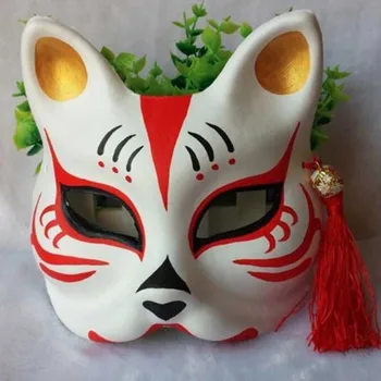 

Paper Hand-painted Cosplay Upper Half Face Decorative Cat Mask Japanese Masks Adult Halloween Party Props Pulp Fox Mask