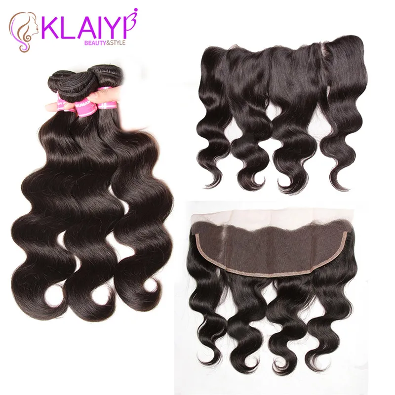 

Klaiyi Human Hair 3 Bundles Indian Body Wave Lace Frontal Closure With Bundles Ear To Ear 13x4 Free Part Closure With Bundles