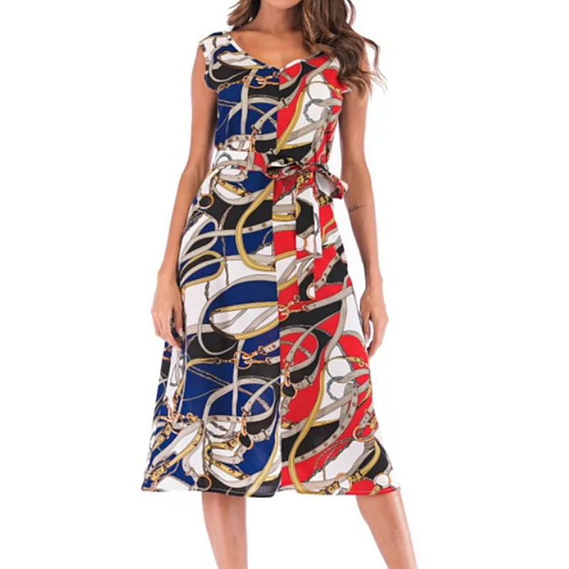 

2019 Women's Summer V-neck Vintage Print Colorblock Long Chiffon Dress