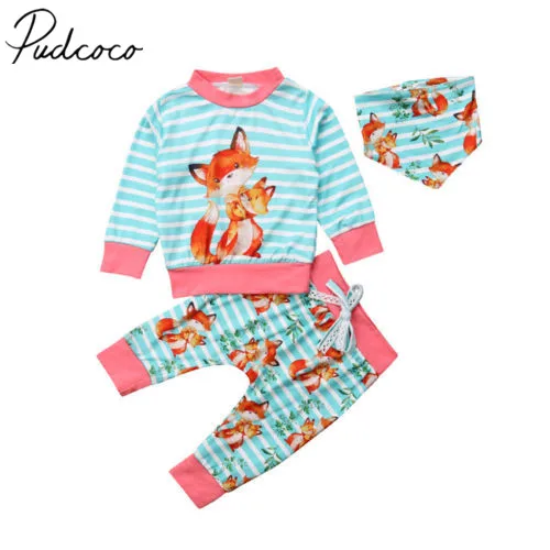 

2018 Brand New Newborn Infant Baby Girl Boy Sets 3PCS Long Sleeve Cartoon Print Striped Pullover Sweatshirt Tops+Pants+Bibs