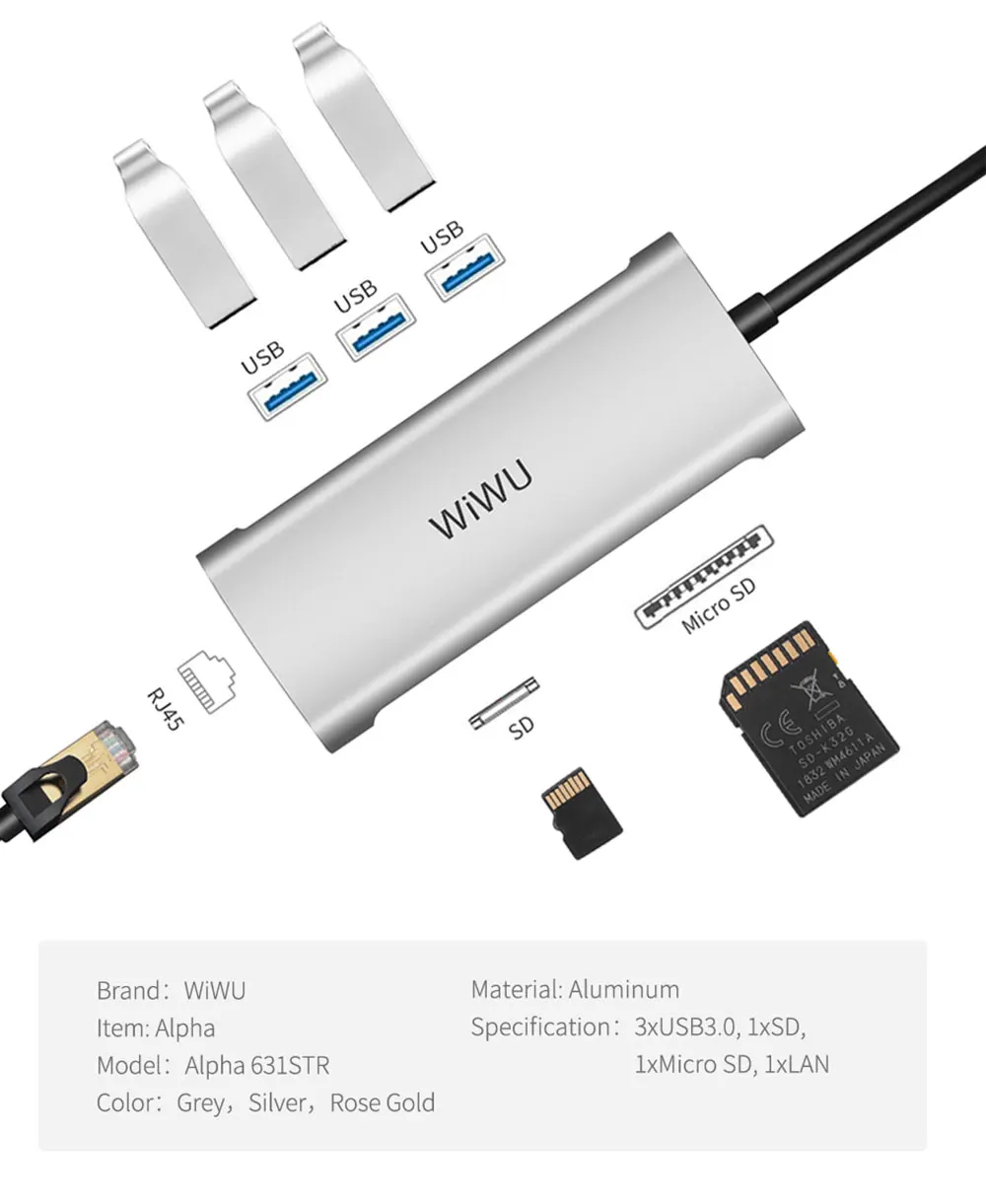 WiWU usb-хаб type C концентратор для MacBook Pro с несколькими портами USB 3,0 концентратор RJ45 адаптер для samsung huawei P20/30 USB разветвитель USB 3,0 концентратор