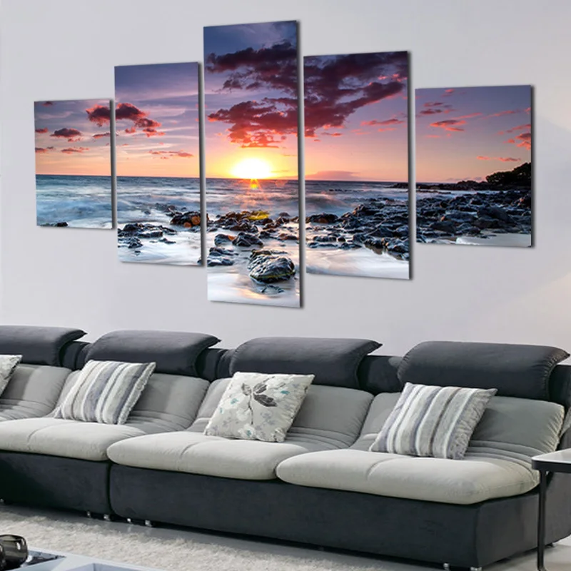 

5 Piece Sunset Seascape With Sea Stones Modern Home Wall Art HD Picture Canvas Print Painting For Living Room Decor Unframed