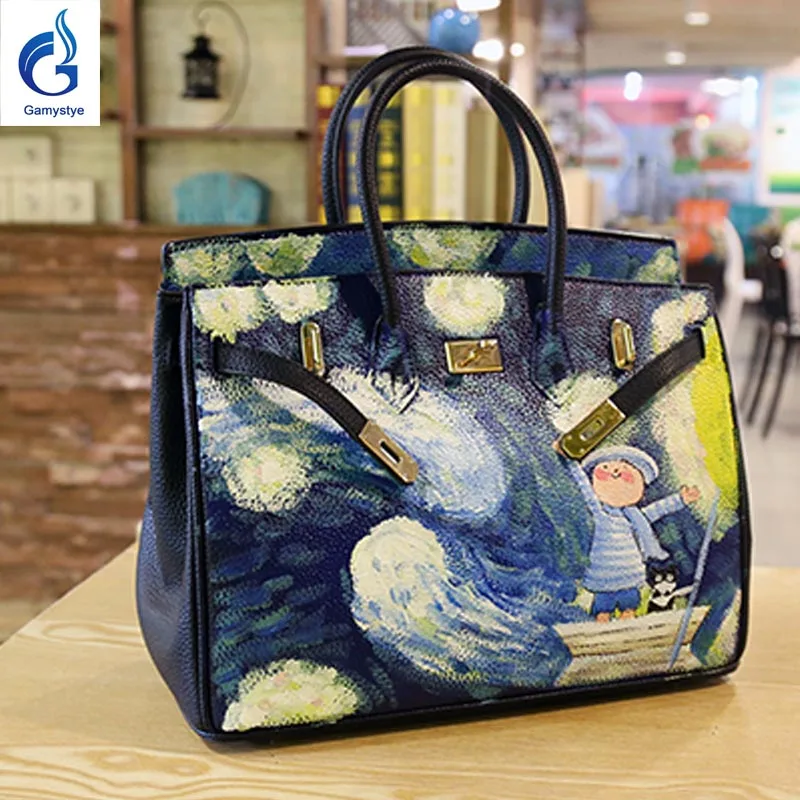 GAMYSTYE brand 2018 Women Genuine Leather Handbag Messenger Bags Hand Painted art bags Custom Design Van Gogh painting sky tote