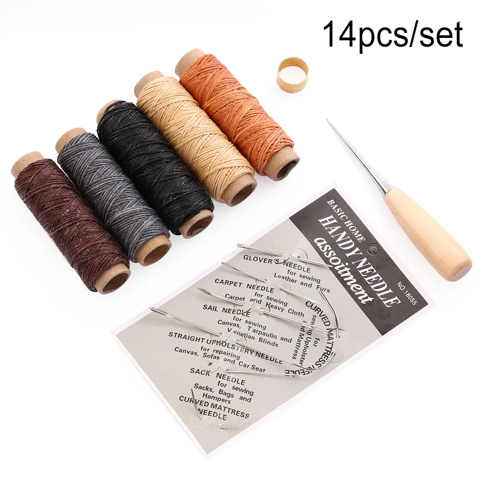 14Pcs/Set Waxed Thread Cord Sewing Needles Leather Craft Leather