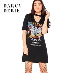 Darcydebie бренд женский, черный Повседневное пикантные Мини-платья печатные буквы v-образным вырезом короткий рукав женский BF Стиль Vestidos леди