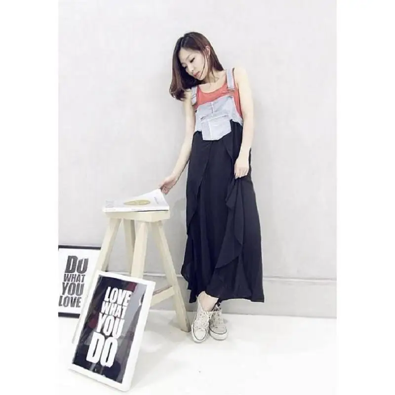 2019 New Women Denim Dress Sundress Casual Loose Overalls Dresses Female Solid Adjustable Strap Jeans Dress Plus Size