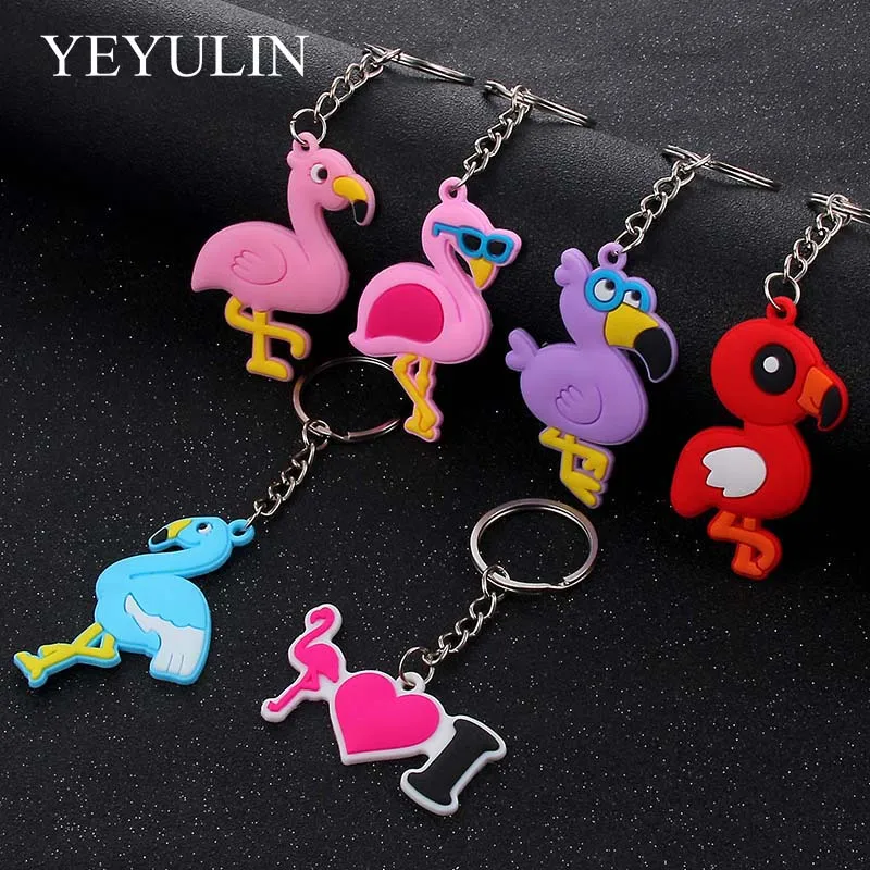 

6pcs Mixed PVC Cute Cartoon Flamingo Keychains Trendy Lovely Pink Red Birds Key Chains For Women Girls Key Chains As Gift