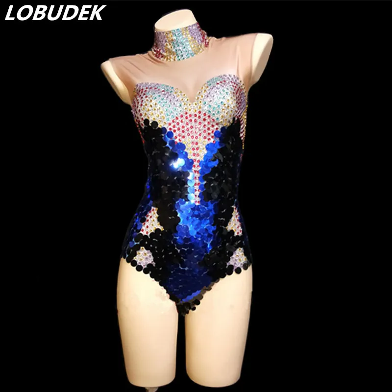 

Multicolor Rhinestones Sequins Leotard High Neck Sleeveless Elastic Bodysuit Sexy Nightclub Bar Party DJ Jazz Dance Team Costume