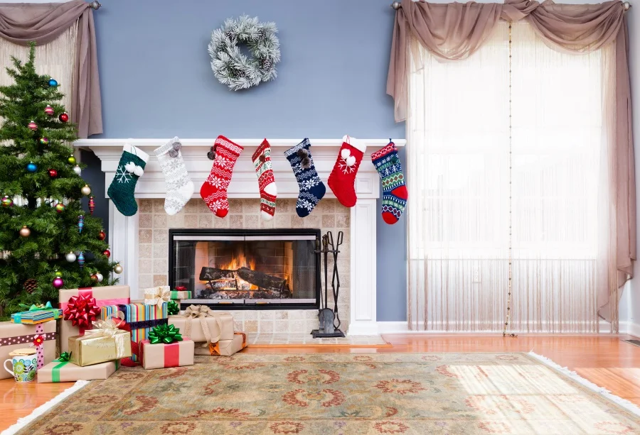 

Laeacco Photo Backdrops Christmas Tree Fireplace Sock Wreath Curtain Blanket Kid Photography Backgrounds Photocall Photo Studio
