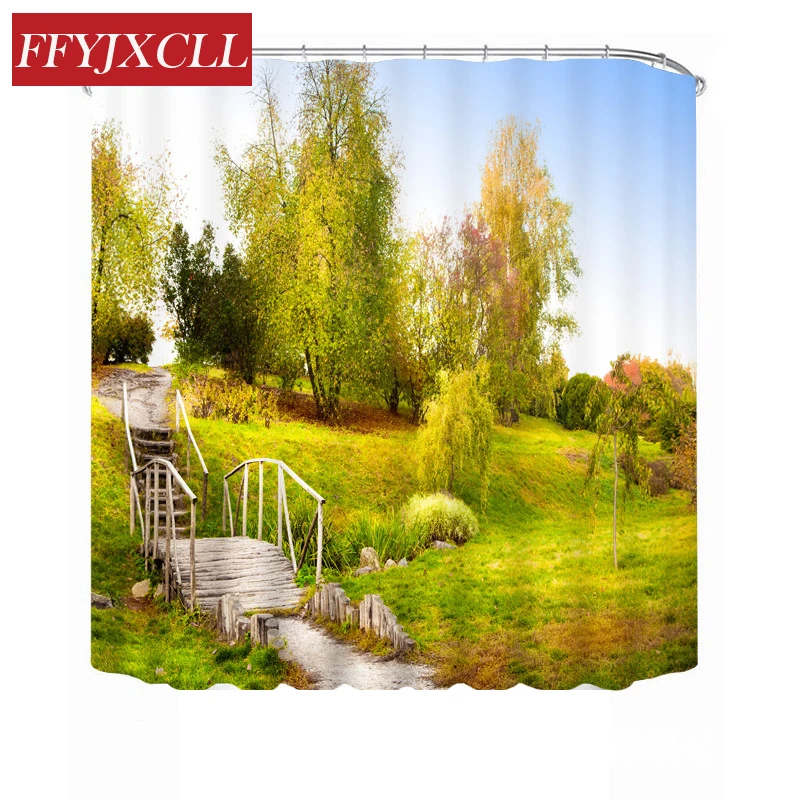 

Pastoral Nature Scenic Polyester Fabric Waterproof Mildew Tree Flowers Printing Bathroom Shower Curtain With 12pc Hook