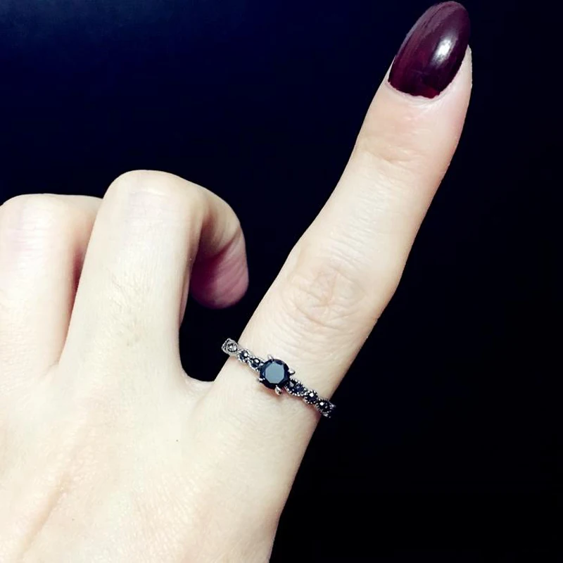 Роскошные кольца с черными кристаллами, винтажные античные посеребренные Свадебные обручальные кольца с цирконием, Женские Ювелирные изделия