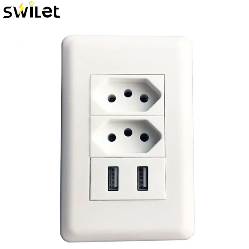 

SWILET Brasil Standard Wall Power Brazil Socket Switch 15A Double Soquete 5V 2100mA Dual USB Charger Port 115mmX75mm AC 110~250V