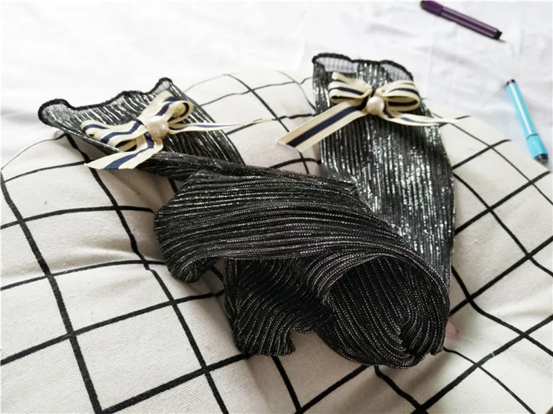 [EIOISAPRA] блестящие носки ручной работы с бантом и жемчугом, золотые, серебряные шелковые женские носки в стиле хараджуку, красивые кучи, Calcetines Mujer