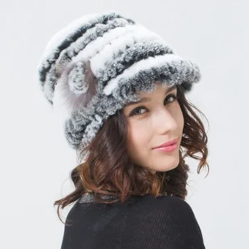 

Women's Real Knitted Rex Rabbit Fur Visor Hats Female Winter Warm Caps Fashion Headgear VK3020