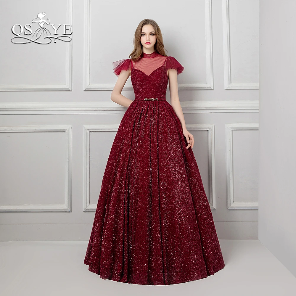 QSYYE 2018 Vintage Saudi Arabia Formal Evening Dresses Burgundy High Neck Floor Length Satin