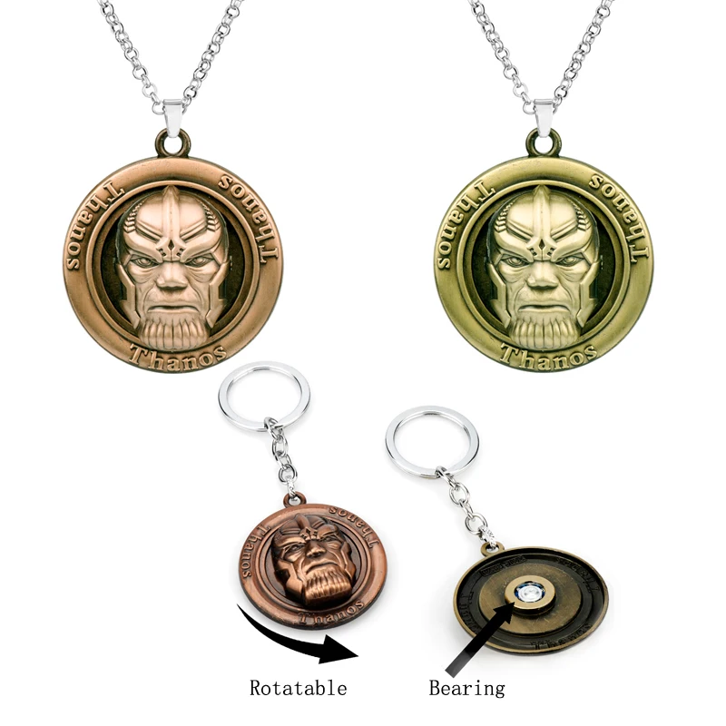 

Marvel jewelry Super Hero The Avengers 4 thanos Metal necklace Pendant Keychains bearing rotatable Keyring for fans gift