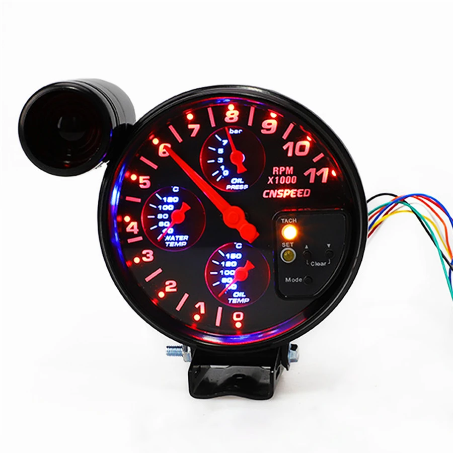 

5 inch 12V 4 in 1 Oil Pressure Oil Temp Tachometer Water Temp Gauge Red And Blue LED with Sensors 1/8NPT