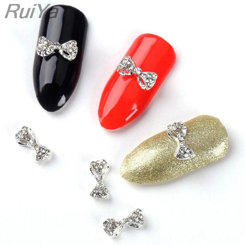 10Pcs 3D Nail Art Decorations Silver Bow Glitter Charms Transparent