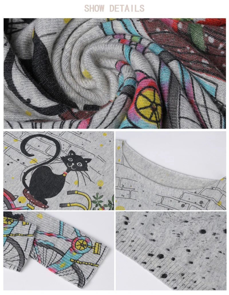 New autumn and winter women's one-piece collar cartoon cats print long-sleeved pullover knit shirt shirt shirt (6)