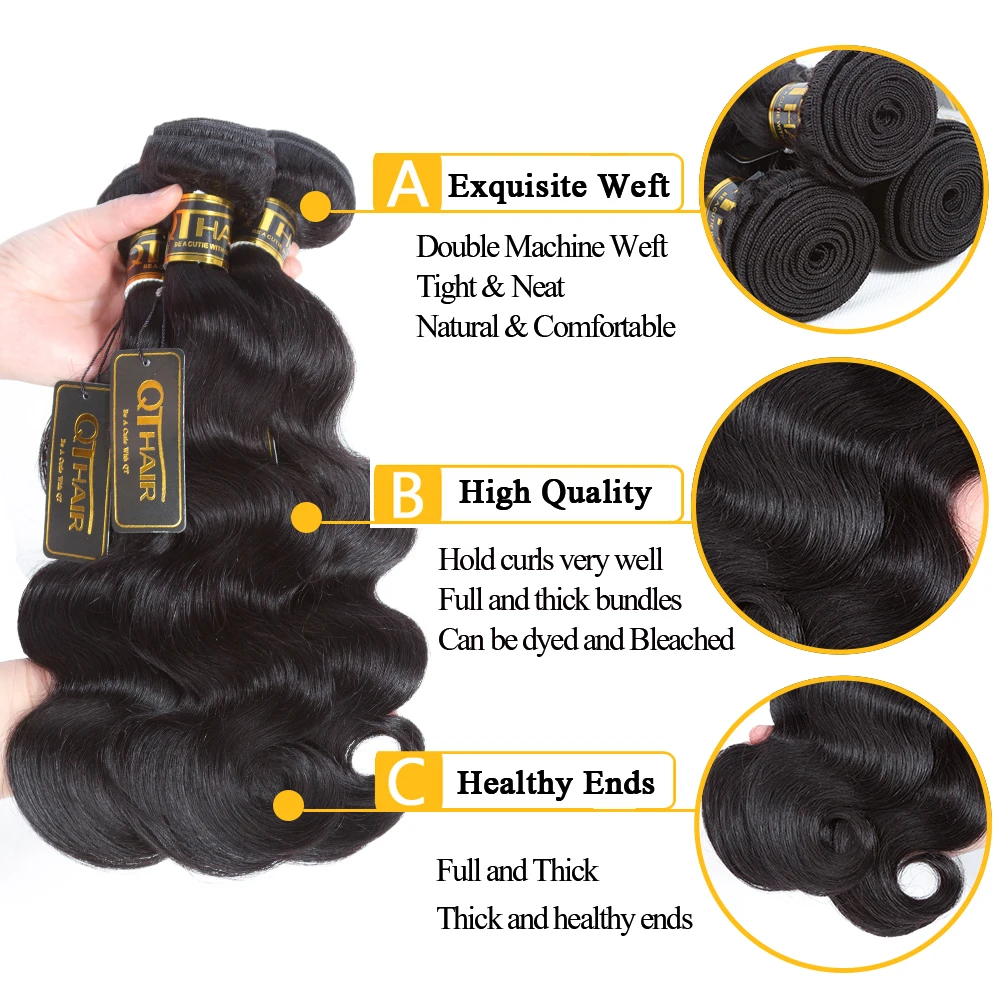 Paquetes de onda del cuerpo del pelo indio 100% paquetes de cabello humano tejer extensiones de cabello Remy de la onda del cuerpo indio tejido 8-28 pulgadas QT pelo