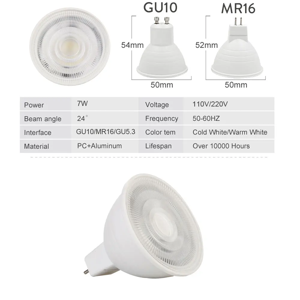 Dimmable Светодиодный точечный светильник GU10 7 Вт 220 В MR16 GU5.3 светодиодный светильник COB Чип 30 Угол луча Точечный светильник светодиодный светильник для Вниз настольная лампа