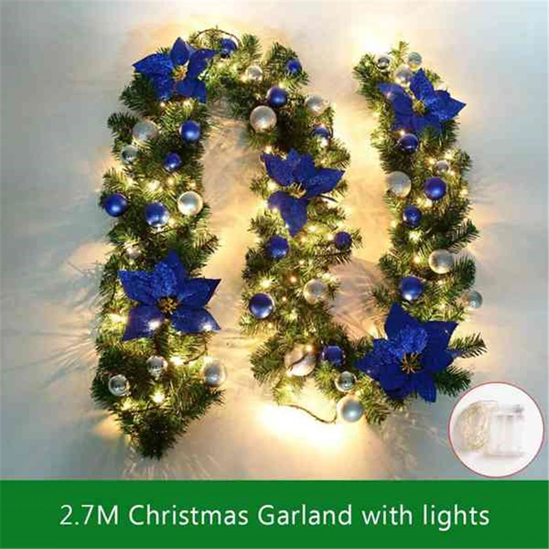 

2.7M Decorated Garland Illuminated with Lights Christmas Decoration Xmas Garland for Fireplace Stairs Baubles Flowers Xmas Decor