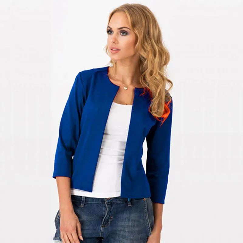 Short Three Quarter Slim Business Blazers Women Solid No Collar Open Stitch Suits Office Ladies Elegant Blazer Spring Autumn