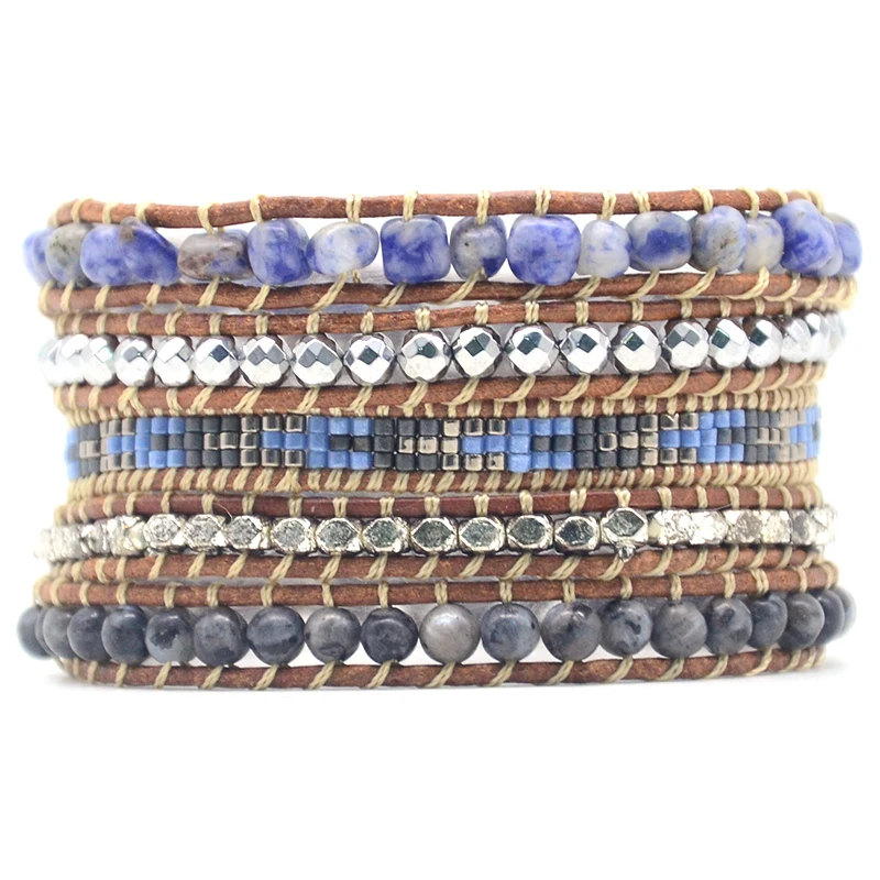 

Energy Chakra Hematite Wrap Stone Bead Statement Wrist Handmade Bracelet for Women Leather Bracelet Dropship