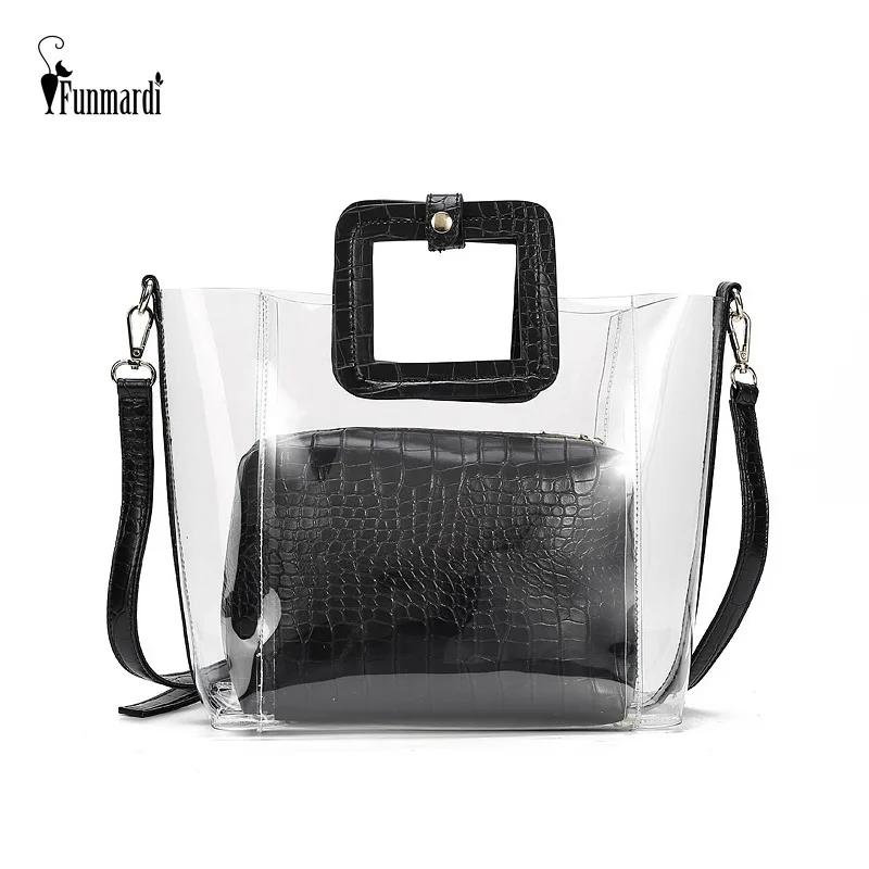 

FUNMARDI New Transparent Women Bags PVC Handbags High Quality Alligator PU Leather Crossbody Bags Fashion Shoulder Bag WLHB1887