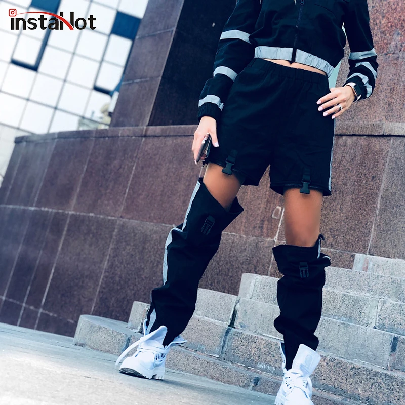 

InstaHot Buckle Side Striped Jogger Cargo Pants Women Hole Loose Elastic Waist Reflect Light Cool Streetwear Trousers Casual