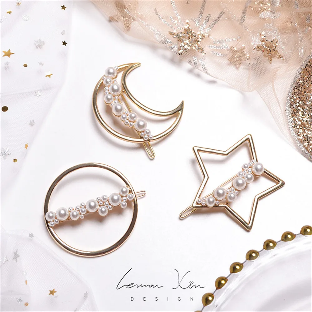 

Fashion Girls Five Star Round Moon Alloy Hairpins Pearl Hair Clips For Women Hair Accessories Glitter Barrettes Headwear