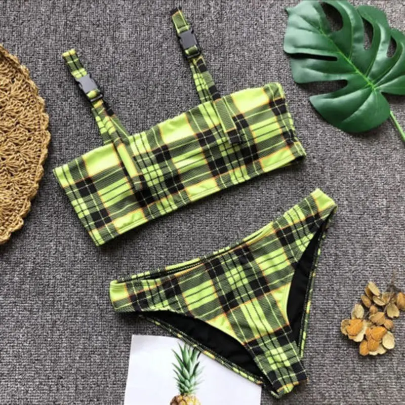 

2018 Women Push-up Padded Bra Bandage Bikini Set Swimsuit Plaid Yellow Sexy Swimwear Bikinis Set