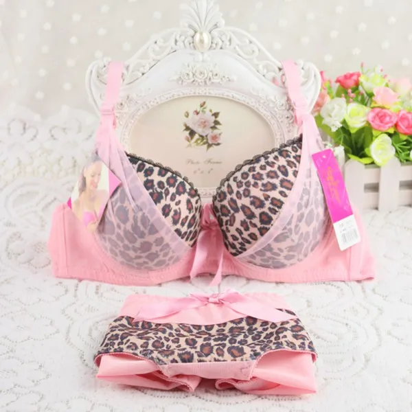  Leopard Women Sexy Cotton Bras+Panties Suits Lace Gauze Stitching Bras & Brief Sets Silk Bow Decora