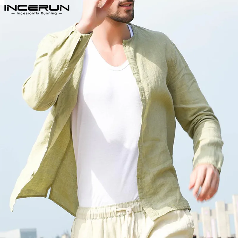 INCERUN 2019 قميص رجالي كم طويل القطن صالح سليم قمم الشارع الشهير عارضة الازياء خمر قمصان camisa الغمد الخريف S-3XL