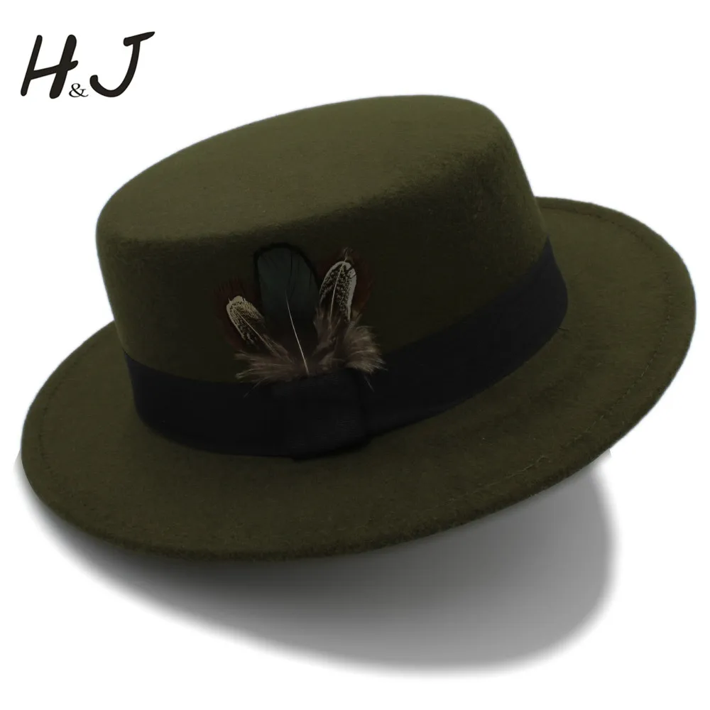 

Winter Autumn Flat Fedora Hat for Dad Wool Pork Pie Boater Sombrero Mujer Hat with Feather Fascinator Hats