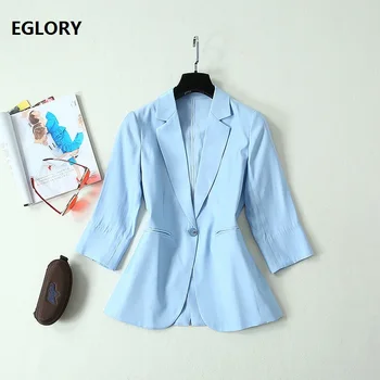 

High Quality New 2019 Autumn Fashion Blazer Jacket Women Notched Collar Single Button Blue White Elegant Office Coat Blazer