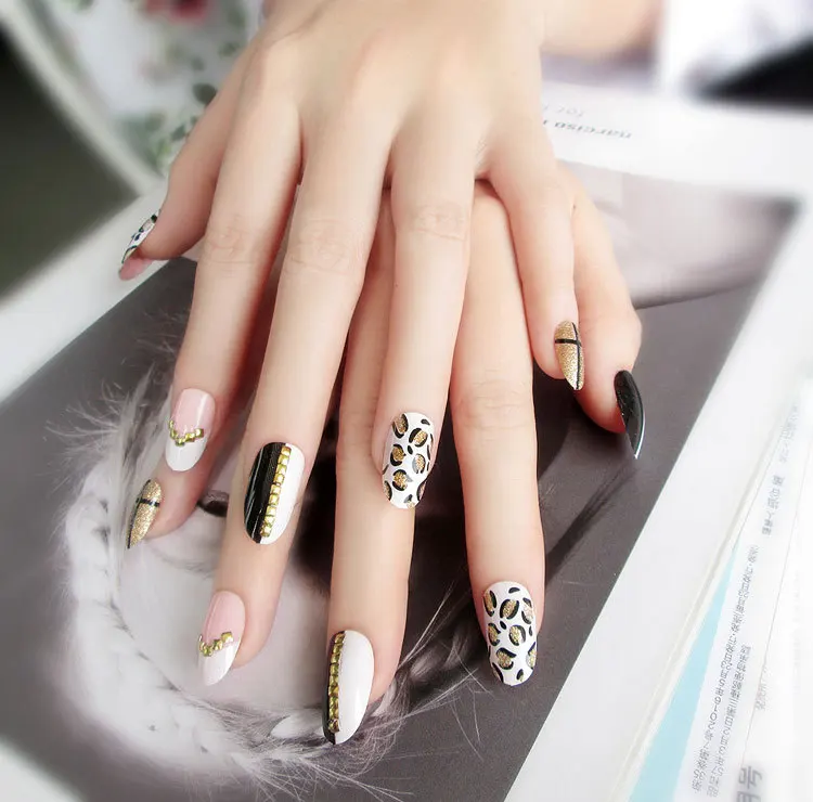 24 шт набор для ногтей длинный мнимый гвоздь Леопардовый дизайн роспись ногтей советы для ногтей полная обертка накладные ногти черный белый прозрачный