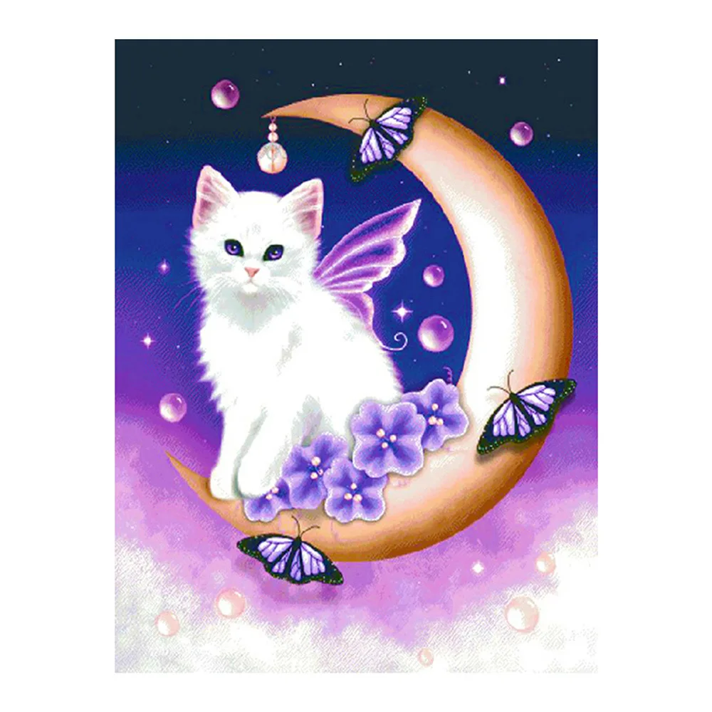 

White cat Diamond Painting Full Round cartoon animal New DIY Sticking Drill Cross Embroidery 5D simple Home Decoration