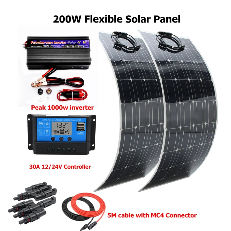 200W Solar System Kit for Beginner Flexible Solar Panel with 30A